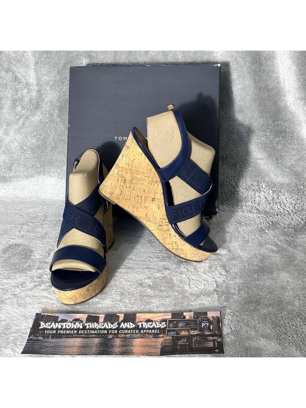 Tommy Hilfiger Women's US Size 9.5 Blue Tan Slip-On Strappy Wedge Sandals Logo